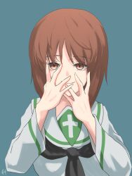 Rule 34 | 1girl, breasts, brown eyes, brown hair, closed mouth, girls und panzer, highres, long sleeves, looking at viewer, medium breasts, nishizumi miho, ooarai school uniform, school uniform, simple background, smile, solo, upper body, yaegashi isa