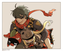 1boy 1girl ahoge artist_name bangboo_(zenless_zone_zero) black_boots black_gloves black_jacket blonde_hair boots border brown_background carrying carrying_person clenched_teeth closed_mouth combat_helmet commentary_request cropped_jacket floating_hair gloves green_eyes green_hair green_pants grey_helmet grey_jacket hair_between_eyes hair_over_one_eye helmet high_heel_boots high_heels highres jacket leather leather_jacket lighter_(zenless_zone_zero) long_hair long_sleeves luciana_de_montefio mask mohawk one_eye_covered pants parted_bangs pickelhaube popochi_fuwa red_eyes red_moccus_(zenless_zone_zero) red_scarf respirator scarf serious short_hair side_ponytail sidelocks spiked_jacket spikes sunglasses sweatdrop teeth torn_clothes torn_scarf twitter_username v-shaped_eyebrows white_border x_x zenless_zone_zero