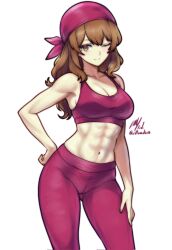 1girl ;) abs breasts brown_eyes brown_hair cleavage closed_mouth fire_emblem gluteal_fold hand_on_own_hip highres long_hair looking_at_viewer medium_breasts midriff navel nintendo one_eye_closed pants red_pants red_sports_bra rotomdocs simple_background smile solo sports_bra white_background