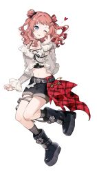1girl ;d belt black_belt black_boots black_shorts black_socks blush boots crop_top cropped_shirt double_bun full_body gakuen_idolmaster hair_bun hair_ornament hanami_saki hand_up heart highres idolmaster long_sleeves looking_at_viewer medium_hair midriff migolu navel one_eye_closed open_mouth purple_eyes red_hair shirt shorts simple_background smile socks solo white_background white_shirt x_hair_ornament