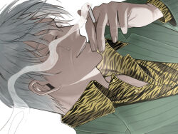 Rule 34 | 1boy, akagi shigeru, animal print, blazer, cigarette, closed eyes, commentary request, crying, fukumoto mahjong, green jacket, grey hair, grin, highres, holding, holding cigarette, jacket, male focus, niwatori panda, old, old man, print shirt, shirt, short hair, sideways, simple background, smile, smoke, smoking, solo, ten (manga), tiger print, upper body, white background