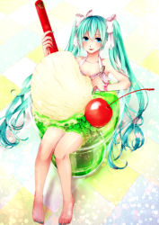 1girl aqua_hair bad_id bad_pixiv_id barefoot blue_eyes cherry female_focus food fruit glass hair_ribbon hatsune_miku highres honegumi in_food long_hair mini_person minigirl partially_submerged ribbon sitting solo spoon twintails very_long_hair vocaloid