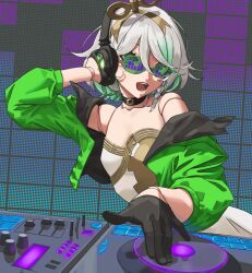 1girl absurdres alternate_costume aqua_hair black_choker black_gloves braid brown_dress cecilia_immergreen choker commentary cropped_jacket dj doll doll_joints dress english_commentary gear_print glasses gloves green-tinted_eyewear green_eyes green_jacket grey_hair hair_ornament hair_over_shoulder half_gloves hand_on_headphones headphones highres hololive hololive_english huemar_tanuki jacket joints looking_at_viewer medium_hair mixing_console multicolored_hair musical_note musical_note_print open_clothes open_jacket open_mouth phonograph side_braid smile solo strapless strapless_dress tinted_eyewear turning_head turntable two-tone_hair virtual_youtuber white_dress winding_key