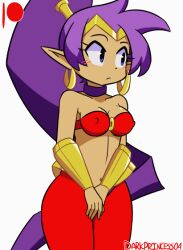 1girl animated animated_gif bad_tag bare_shoulders blue_eyes blush bouncing_breasts bra bra_lift breasts breasts_out clothes_lift clothes_pull colored_skin covered_erect_nipples dark-skinned_female dark_nipples dark_skin darkprincess04 earrings female female_focus female_pubic_hair flashing flashing_breasts gauntlets gold hair_up half-closed_eyes heart hoop_earrings jewelry long_hair looking_at_viewer medium_breasts navel nipples no_panties open_mouth pants pants_pull pointy_ears ponytail pubic_hair purple_hair pussy shantae shantae_(series) small_nipples smile solo tan uncensored underwear undressing very_long_hair white_background white_skin wrist_cuffs