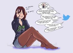 blush breasts cleavage denim denim_shorts embarrassed gmun highres pantyhose shorts simple_background smug_legend speech_bubble thighs twitter