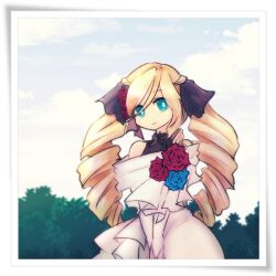 1girl black_shirt blonde_hair blue_eyes blue_flower blue_rose blue_sky border closed_mouth cloud commentary_request cowboy_shot day dress drill_hair flower hair_flower hair_ornament long_hair looking_at_viewer off-shoulder_dress off_shoulder outdoors pochiko_(poteko) princess_meer ragnarok_online red_flower red_rose rose shirt sky sleeveless sleeveless_shirt smile solo tree twin_drills veil white_border white_dress