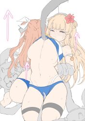 2girls arms_behind_back arrow_(symbol) bikini bikini_pull blonde_hair blue_bikini blush bound bound_arms breasts cleavage clothes_pull enemy_naval_mine_(kancolle) fletcher_(kancolle) fletcher_mk_ii_(kancolle) fletcher_mk_ii_(swimsuit)_(kancolle) flower hair_flower hair_ornament hair_ribbon half-closed_eyes hibiscus highres johnston_(kancolle) johnston_kai_(swimsuit)_(kancolle) kantai_collection karin_bluez3 large_breasts long_hair multiple_girls orange_hair red_flower ribbon simple_background solo_focus swimsuit thigh_strap white_background white_ribbon