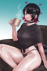 1girl absurdres black_hair black_panties black_shirt breasts commentary cup ellen_joe english_commentary fins fish_tail heart highres holding holding_cup kanoji_(ni_kanojo) large_breasts looking_at_viewer multicolored_hair panties pink_hair shark_girl shark_tail sharp_teeth shirt short_hair sitting smile solo tail teeth tied_shirt two-tone_hair underwear zenless_zone_zero