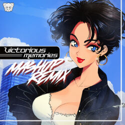 1girl album_cover artist_name blue_eyes blue_sky breasts cloud cloudy_sky commentary cover earrings english_commentary highres hoop_earrings jewelry nagase_reiko ridge_racer short_hair sky solo system_st91