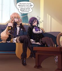 2girls archie_(comic) black_boots black_gloves black_jacket black_pantyhose blonde_hair blue_dress blue_eyes boots bow bowtie clorinde_(genshin_impact) closed_eyes closed_mouth cosmetics couch curtains dress earrings elbow_gloves english_text genshin_impact gloves high_heel_boots high_heels highres holding holding_compact holding_lipstick_tube indoors jacket jewelry kaiyamon kiss-proof_lipstick_(meme) lipstick_mark lipstick_mark_on_face lipstick_tube meme multiple_girls navia_(genshin_impact) on_couch pantyhose purple_bow purple_bowtie purple_hair shirt sitting smile speech_bubble thigh_boots thigh_strap twitter_username white_gloves white_shirt yuri