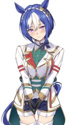 1girl animal_ears black_jacket black_shorts blue_hair blush braid breasts cesario_(umamusume) crown_braid hair_between_eyes highres horse_ears horse_girl horse_tail jacket kagari_liroi looking_at_viewer medium_breasts own_hands_together purple_eyes short_hair shorts simple_background smile solo tail umamusume white_background white_hair white_jacket