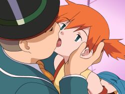 1boy 1girl absurdres aqua_shorts arched_back commentary_request empty_eyes eyelashes green_eyes hair_between_eyes half-closed_eyes hetero highres hitsugi_mc kiss melvin_(pokemon) mind_control misty_(pokemon) nintendo open_mouth orange_hair pokemon pokemon_(anime) pokemon_(classic_anime) purple_background saliva shirt shorts side_ponytail sleeveless sleeveless_shirt suspenders suspenders_slip tongue yellow_shirt