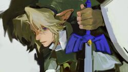 Rule 34 | 1boy, blonde hair, blue eyes, collared shirt, commentary, curtained hair, green hat, green tunic, hashtag-only commentary, hat, highres, holding, holding sword, holding weapon, link, long pointy ears, looking to the side, male focus, master sword, nintendo, pointy ears, salamanders0, shield, shirt, sideways glance, solo, sword, the legend of zelda, the legend of zelda: ocarina of time, tunic, upper body, weapon, white shirt