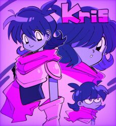 Rule 34 | 1other, armor, blue hair, blue skin, cape, character name, colored skin, deltarune, gloves, highres, kris (dark world) (deltarune), kris (deltarune), shio tou, simple background, smile