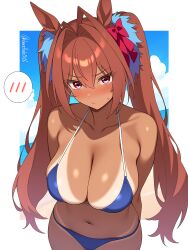 1girl absurdres animal_ears arms_behind_back beach bikini blue_bikini blue_sky breasts brown_hair cleavage cloud commentary_request daiwa_scarlet_(umamusume) day embarrassed hanafuda_(hanafuda0116) highres horse_ears horse_girl large_breasts looking_at_viewer ocean outdoors red_eyes scowl sky solo spoken_blush swimsuit tan tanline twintails umamusume