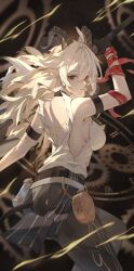 1girl arm_strap arm_up black_horns black_pants black_tail breasts closed_mouth commentary_request cowboy_shot curled_horns drone_(drone_37) from_side highres horns large_breasts long_hair looking_at_viewer median_furrow necktie necktie_around_wrists pangu_terminal_(wuthering_waves) pants red_eyes red_necktie revision shirt solo torn_clothes torn_shirt white_hair white_shirt wuthering_waves zani_(wuthering_waves)