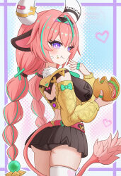 1girl :t absurdres animal_ears aqua_bow aqua_hair ass black_panties black_skirt blush bow braid breasts closed_mouth commentary cow_ears cow_girl cow_horns cow_tail detached_sleeves electro_symbol_(genshin_impact) fingernails food food_on_face from_behind gem genshin_impact hair_between_eyes hands_up heart highres holding holding_food horns long_hair long_sleeves looking_to_the_side miniskirt multicolored_hair panties pink_hair purple_eyes purple_gemstone single_thighhigh skirt solo streaked_hair taco tail take_(take96254) thighhighs twin_braids underwear varesa_(genshin_impact) very_long_hair vision_(genshin_impact) white_thighhighs yellow_sleeves