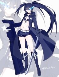 1girl belt bikini black_coat black_hair black_rock_shooter black_rock_shooter_(character) black_shorts blue_eyes boots chain coat flaming_eye front-tie_bikini_top front-tie_top glowing glowing_eye ivorywraith-nightlight pale_skin rock_cannon scar shorts swimsuit sword twintails uneven_twintails weapon
