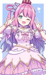 1girl ;d bare_shoulders blue_background blue_hair blush border breasts candy_hair_ornament crescent crown detached_sleeves double_v dress food-themed_hair_ornament frilled_dress frilled_skirt frills gradient_hair green_eyes hair_ornament hair_rings hands_up heart highres himemori_luna himemori_luna_(1st_costume) hololive kaie long_hair looking_at_viewer medium_breasts mini_crown multicolored_hair one_eye_closed one_side_up open_mouth outline pink_dress pink_hair pink_skirt puffy_short_sleeves puffy_sleeves short_sleeves skirt smile solo star_(symbol) v very_long_hair virtual_youtuber white_border white_outline white_sleeves