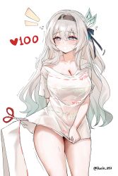 1girl absurdres blush breasts cleavage covered_erect_nipples covered_navel cowboy_shot cut-here_line cutting_clothes firefly_(honkai:_star_rail) floating floating_object harin_05 highres honkai:_star_rail honkai_(series) large_breasts looking_at_viewer naked_shirt purple_eyes scissors see-through_clothes shirt smile solo surprised thighs twitter_cutting_game twitter_strip_game wet wet_clothes wet_shirt white_background white_hair white_shirt