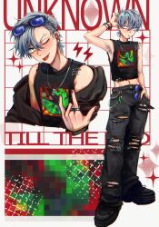 Rule 34 | 1boy, \m/, absurdres, alien stage, alternate costume, armpit hair, black jacket, black pants, black shirt, black shoes, bracelet, commentary, english text, eyebrow piercing, eyewear on head, face piercing, green eyes, hand in pocket, hashtag-only commentary, highres, jacket, jewelry, male focus, male pubic hair, multiple views, navel, one eye closed, pants, piercing, print shirt, pubic hair, pubic hair peek, ring, safety pin, shinumeru, shirt, shoes, sleeveless, sleeveless shirt, song name, sunglasses, till (alien stage), tongue, tongue out, tongue piercing, torn clothes, torn pants