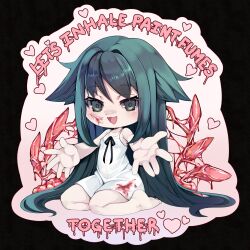 1girl absurdres bare_shoulders blood breasts commentary dress ecchibeef eldritch_abomination english_commentary english_text flesh green_eyes green_hair hair_flaps highres let&#039;s_take_ibuprofen_together_(meme) long_hair looking_at_viewer meme monster_girl open_mouth ribbon saya_(saya_no_uta) saya_no_uta sitting sleeveless sleeveless_dress small_breasts smile solo sticker_(medium) sundress very_long_hair wings