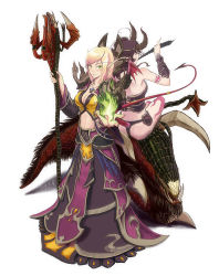 2girls blonde_hair blood_elf_(warcraft) blush breasts cleavage demon_girl dress fel_hunter horns long_hair magic midriff monster_girl multiple_girls pointy_ears staff demon_girl warcraft warlock warlock_(warcraft) world_of_warcraft