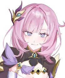 Rule 34 | 1girl, black shrug, blue eyes, closed mouth, commentary request, elysia (honkai impact), elysia (miss pink elf) (honkai impact), hair ornament, highres, honkai (series), honkai impact 3rd, light blush, looking at viewer, pink hair, pink pupils, pointy ears, portrait, shrug (clothing), simple background, smile, solo, suzu (0943 su), white background