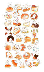 !? ... :3 animal_focus black_eyes bread closed_eyes closed_mouth donut food food_focus h_kawa hedgehog holding holding_food honey juggling motion_lines nest no_humans notice_lines open_mouth original pancake rabbit riding riding_animal smile solid_circle_eyes speech_bubble white_rabbit_(animal)