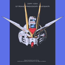 absurdres azzalea black_background blue_background character_name commentary english_commentary english_text gundam gundam_seed gundam_seed_destiny head_only highres looking_at_viewer mecha mobile_suit no_humans robot straight-on strike_freedom_gundam two-tone_background v-fin yellow_eyes