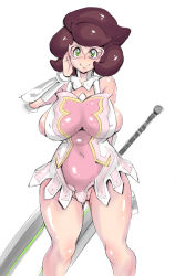 Rule 34 | 1girl, breasts, cattleya (queen&#039;s blade) (cosplay), cosplay, female focus, glasses, green eyes, kisaki (strange s k), large breasts, nintendo, pokemon, pokemon sm, queen&#039;s blade, smile, solo, sword, weapon, wicke (pokemon)