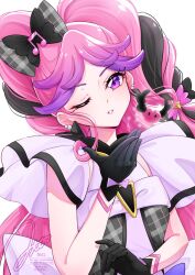 1girl bare_arms bare_shoulders black_choker black_gloves black_hair blowing_kiss braid bubble_skirt choker cure_kiss diamond_(shape) diamond_brooch dress earrings fortissimo frilled_dress frilled_ribbon frilled_sleeves frills gingham_shirt gloves gradient_hair hair_ornament hair_ribbon hair_tie half_gloves heart heart-shaped_pupils highres jewelry kimi_to_idol_precure long_hair looking_at_viewer meroron_(human_form) multicolored_hair multiple_earrings musical_note musical_note_hair_ornament one_eye_closed parted_bangs pink_hair precure puffy_short_sleeves puffy_sleeves ribbon short_sleeves skirt sleeveless solo solo_focus symbol-shaped_pupils twin_braids twintails uta_(yagashiro25) very_long_hair watermark zooming_in