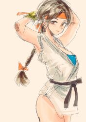 1girl braid braided_ponytail breasts brown_eyes brown_hair dougi female_focus gloves headband karate_gi large_breasts long_hair looking_at_viewer no_pants pale_skin shirt smile the_king_of_fighters thighs tucon_b yuri_sakazaki