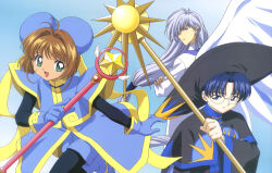 1990s_(style) 1girl 2boys :d absurdres antenna_hair bishounen black_bodysuit black_capelet black_hat blue_background blue_gloves blue_hair blue_jacket blue_shorts bodysuit bodysuit_under_clothes brown_hair bun_cover capelet cardcaptor_sakura closed_mouth cowboy_shot crossed_arms earrings expressionless glasses gloves green_eyes grey_eyes grey_hair hair_intakes hair_over_one_eye hat highres hiiragizawa_eriol holding holding_staff holding_wand hoshi_no_tsue jacket jewelry kinomoto_sakura kinomoto_sakura_(splendor) long_hair low-tied_long_hair multiple_boys official_art open_mouth parted_bangs retro_artstyle scan shirt short_hair shorts simple_background smile spoilers staff takahashi_kumiko wand white_shirt white_wings wings yue_(cardcaptor_sakura)