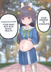 Rule 34 | 1girl, ahoge, animal ears, artist name, big belly, black hair, blue archive, blush, english text, fake animal ears, halo, highres, hime cut, inflation, leaf, leaf on head, long hair, long sleeves, looking at viewer, miyu (blue archive), mochii89, navel, open mouth, pantyhose, pregnancy halo, pregnant, red eyes, school uniform, serafuku, skirt, solo, stomach, variant set