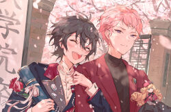 2boys black_hair black_jacket black_shirt blue_eyes cherry_blossoms closed_eyes closed_mouth diploma_tube ensemble_stars! graduation hair_between_eyes itsuki_shu jacket kagehira_mika long_sleeves looking_at_viewer mademoiselle_(ensemble_stars!) male_focus multiple_boys open_clothes open_jacket open_mouth outdoors pink_hair purple_eyes red_jacket shirt short_hair valkyrie_(ensemble_stars!) yutsumoe