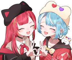 2girls animal_hat black_choker black_hair black_hat blonde_hair blue_hair blush bow bowtie cat_hat choker closed_eyes collared_shirt fang hair_ornament hanase hat heart heart_hands heart_hands_duo highres long_hair looking_at_viewer multicolored_hair multiple_girls nekota_tsuna open_mouth red_bow red_bowtie red_hair shiranami_ramune shiranami_ramune_(2nd_costume) shirt skin_fang streaked_hair sweater_vest teeth two-tone_hair upper_teeth_only virtual_youtuber vspo! white_background white_choker white_hair white_hat white_shirt