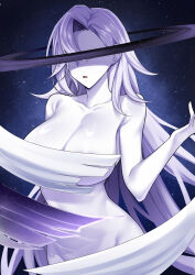 1girl absurdres breasts celenova collarbone commentary convenient_censoring highres honkai:_star_rail honkai_(series) huge_breasts limelam06 long_hair nude paid_reward_available pale_skin parted_lips planetary_ring single_hair_intake sky solo space star_(sky) starry_sky stomach very_long_hair white_hair
