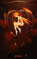 1girl artist_name chinese_lantern_(plant) closed_mouth completely_nude fairy fire food from_side fruit hair_between_eyes highres looking_at_viewer matsuba10 mini_person minigirl nude orange_hair original short_hair solo wings