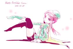 1girl 2016 black_shorts blue_eyes cape character_request copyright_request dated flat_chest hat long_hair looking_at_viewer nekokurage_(gen&#039;eikai_tsuushin) petite pink_hair ponytail shorts solo thighhighs yellow_cape
