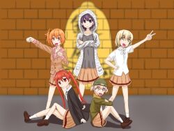5girls bellwall_(logo) bellwall_school_uniform black_jacket black_skirt blonde_hair brick_wall brown_eyes brown_hair brown_jacket brown_shoes clenched_hand closed_mouth collared_shirt crossed_arms fur-trimmed_jacket fur_trim girls_und_panzer girls_und_panzer_little_army green_hat green_jacket grey_hair grey_hoodie grey_shirt hair_ornament hairpin hat hood hoodie jacket kan_(pixiv_115318744) kita_kabayo leaf leaf_hair_ornament lock long_hair long_sleeves maple_leaf multiple_girls nakasuga_emi on_floor one_side_up open_mouth orange_eyes orange_hair outstretched_arm pink_hoodie purple_eyes purple_hair red_eyes red_hair school_uniform shiratori_nagisa_(girls_und_panzer) shirt shoes short_hair short_sleeves short_twintails sitting skirt smile socks striped_clothes striped_hoodie takami_yuu twintails v very_short_hair white_shirt white_socks yellow_eyes yuzumoto_hitomi