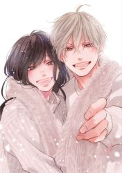 Rule 34 | 1boy, 1girl, blonde hair, brown eyes, brown hair, couple, cuddling, highres, houzuki satowa, kono oto tomare!, kudou chika (kono oto tomare!), long hair, long sleeves, official art, sakura amyuu, scarf, shared clothes, shared scarf, smile, snow, white background, winter clothes
