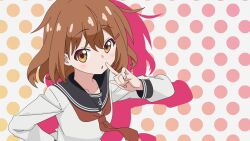 1girl anchor_symbol black_sailor_collar brown_eyes brown_hair hair_ornament hairclip ikazuchi_(kancolle) index_finger_raised kantai_collection looking_at_viewer polka_dot polka_dot_background sailor_collar school_uniform serafuku short_hair solo sugapi upper_body