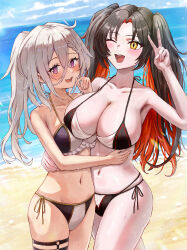 2girls ;d absurdres asymmetrical_docking azur_lane beach belly-to-belly bikini blush braid breast_press breasts brown_hair commentary_request commission day frilled_bikini frills hair_between_eyes hand_on_another&#039;s_stomach hands_up happy highres hip_focus hug isome large_breasts long_hair looking_at_viewer medium_breasts messy_hair multicolored_hair multiple_girls navel o-ring o-ring_thigh_strap ocean one_eye_closed open_mouth orange_eyes orange_hair pixiv_commission ponytail purple_eyes shoulder-to-shoulder side-tie_bikini_bottom single_braid slit_pupils small_breasts smile standing stomach swimsuit thigh_strap thighs twintails two-tone_hair v very_long_hair white_hair yellow_eyes z1_leberecht_maass_(azur_lane) z52_(azur_lane)