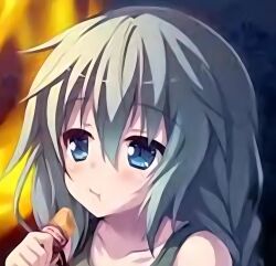 1girl blue_eyed eating green_hair green_shirt long_hair looking_to_the_side sad shirt source_request suki_to_suki_to_de_sankaku_renai warota_akane