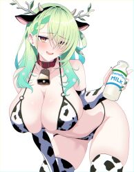 1girl absurdres animal_ears animal_print antlers bell bikini blush bottle braid braided_bangs branch breasts ceres_fauna cleavage cow_ears cow_girl cow_horns cow_print cow_print_bikini cow_print_gloves cow_print_thighhighs cowbell fake_horns flower gloves green_hair green_nails hair_branch hair_flower hair_ornament highres hololive hololive_english horns itsrice large_breasts long_hair looking_at_viewer milk_bottle mole mole_under_eye multicolored_hair neck_bell open_mouth print_bikini print_gloves print_thighhighs skindentation smile solo swimsuit thighhighs tree_horns virtual_youtuber yellow_eyes