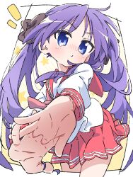 1girl cropped_legs emphasis_lines foreshortening head_tilt highres hiiragi_kagami interlocked_fingers lucky_star outstretched_hand palms purple_eyes purple_hair ryouou_school_uniform school_uniform shinshin_(ssnsn_oekaki) skirt solo star_(symbol) stretching twintails v-shaped_eyebrows white_background