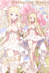 1girl alternate_costume apple_caramel bare_shoulders blonde_hair blue_eyes breasts cartethyia_(wuthering_waves) center_opening commentary copyright_name dress earrings english_commentary flower hair_flower hair_ornament happy_anniversary highres holding holding_flower jewelry large_breasts leg_ribbon long_hair looking_at_viewer navel pink_flower pink_pupils pointy_ears ribbon rose shoes sidelocks smile solo stomach tacet_mark_(wuthering_waves) thigh_ribbon very_long_hair white_dress white_flower white_ribbon white_rose white_shoes wuthering_waves