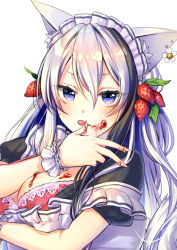 1girl animal_ears apron asagi_yuna bad_id bad_pixiv_id blue_eyes blush bra breast_hold breasts cat_ears cleavage female_focus flower food frills fruit hair_fruit hair_ornament highres jam leaf licking_lips light_purple_hair long_hair looking_at_viewer maid maid_apron maid_headdress medium_breasts original pink_bra puffy_short_sleeves puffy_sleeves short_sleeves simple_background solo strap_slip strawberry strawberry_jam tongue tongue_out underwear upper_body white_background wrist_cuffs