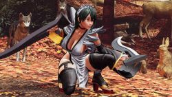 1girl 3d ass ass_focus black_hair black_leotard breasts butterfly_swords curvy fighting_stance forest full_body highleg highleg_leotard highres iroha_(samurai_spirits) large_breasts leotard looking_to_the_side maid maid_headdress nature ryona samurai_spirits screencap shiny_skin short_hair sideboob smile solo thighhighs third-party_edit thong_leotard tree wide_hips